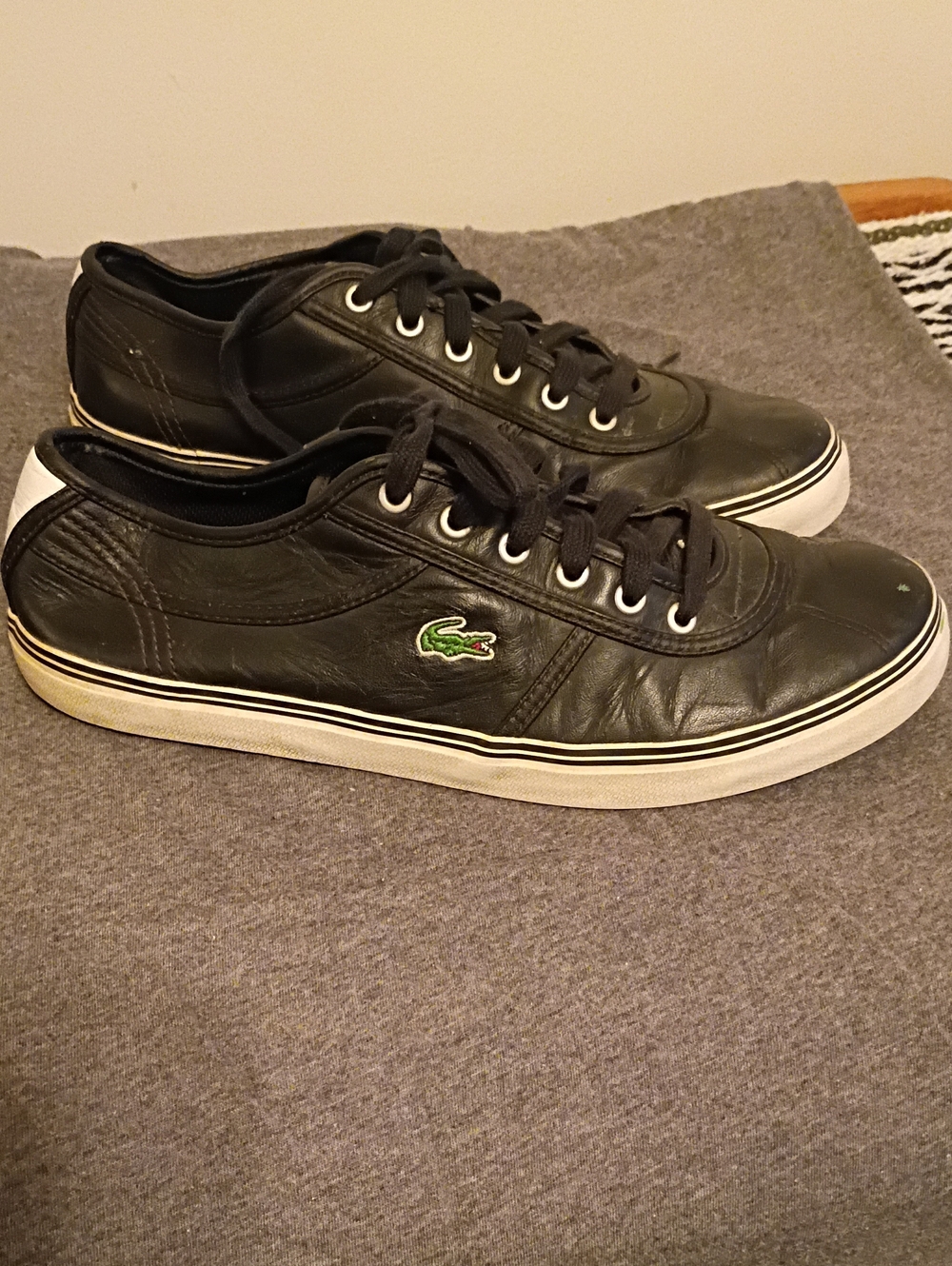 Lacoste Black Leather Low-Profile Sneakers with Green Crocodile Logo